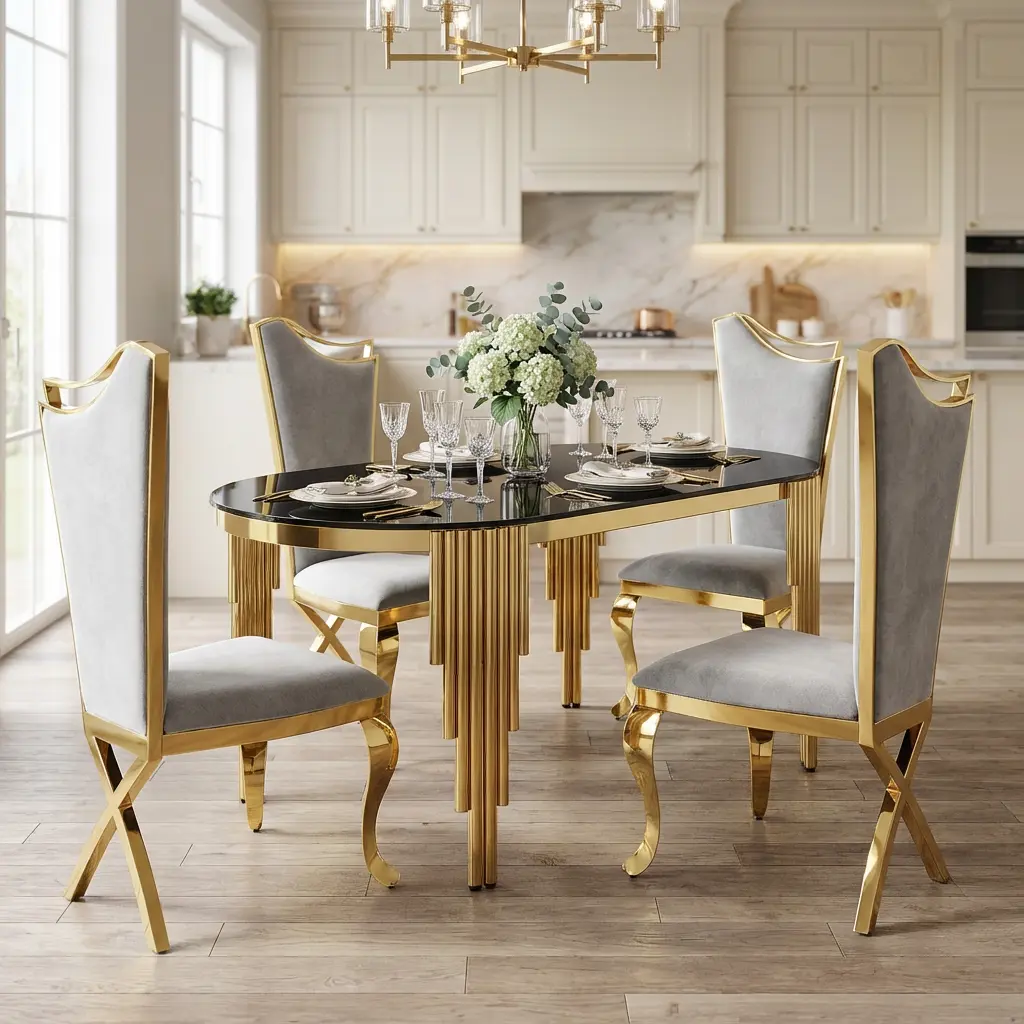 Luxury Black Oval Dining Furnishings Seats Up to 6 People, Modern Elegant Tempered Glass Top with Polished Gold Stainless Steel Legs, Sturdy Easy Clean & Quick Assembly Glam Decor for Dining Room, Kitchen & Home Indoor Household (Only Table Included)