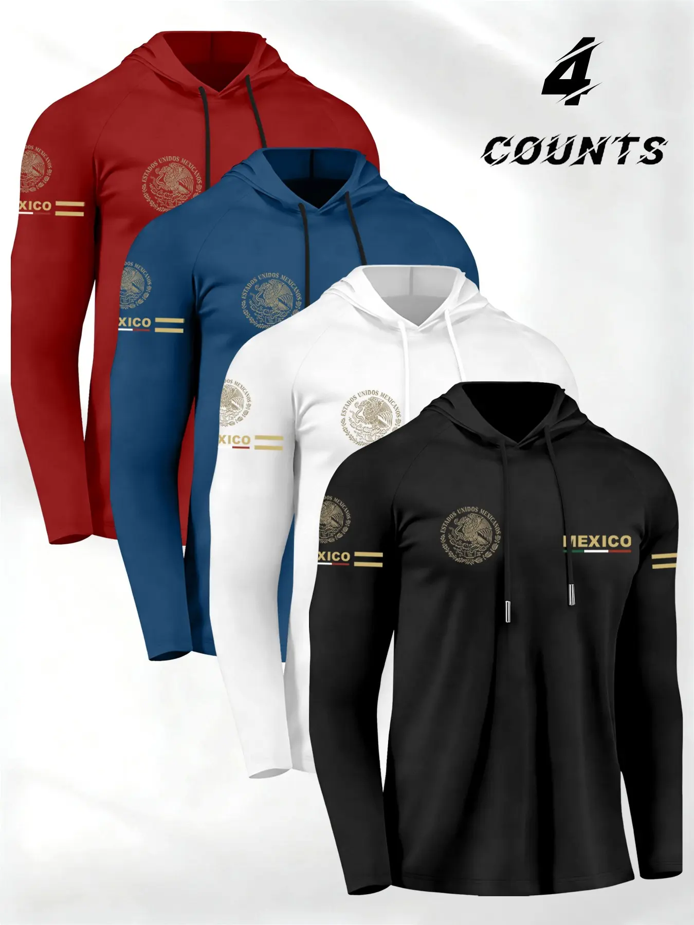 Men's Vintage Print Hooded Long Sleeve T-Shirt 4 Pack, Mexican Emblem Pattern, Lightweight Polyester Fabric, Spring Summer Fall Outdoor Sports Wear, Athletic Workout Clothing
