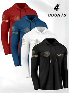 Men's Vintage Print Hooded Long Sleeve T-Shirt 4 Pack, Mexican Emblem Pattern, Lightweight Polyester Fabric, Spring Summer Fall Outdoor Sports Wear