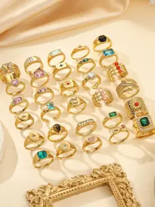 3pcs/5pcs/9pcs Stainless Steel Gold-Tone Colorful Gemstone Rings Set, Random Assortment, Jewelry Ring