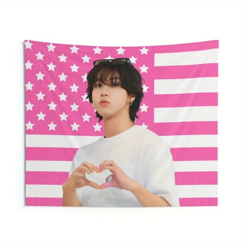 1pc Han Jisung Finger Heart Polyester Wall Hanging Tapestry - Pink American Flag Design, Young Man Heart Gesture, 60x40/51in, Colorful Holiday Decoration for Stray Fans, Room Decor Gift