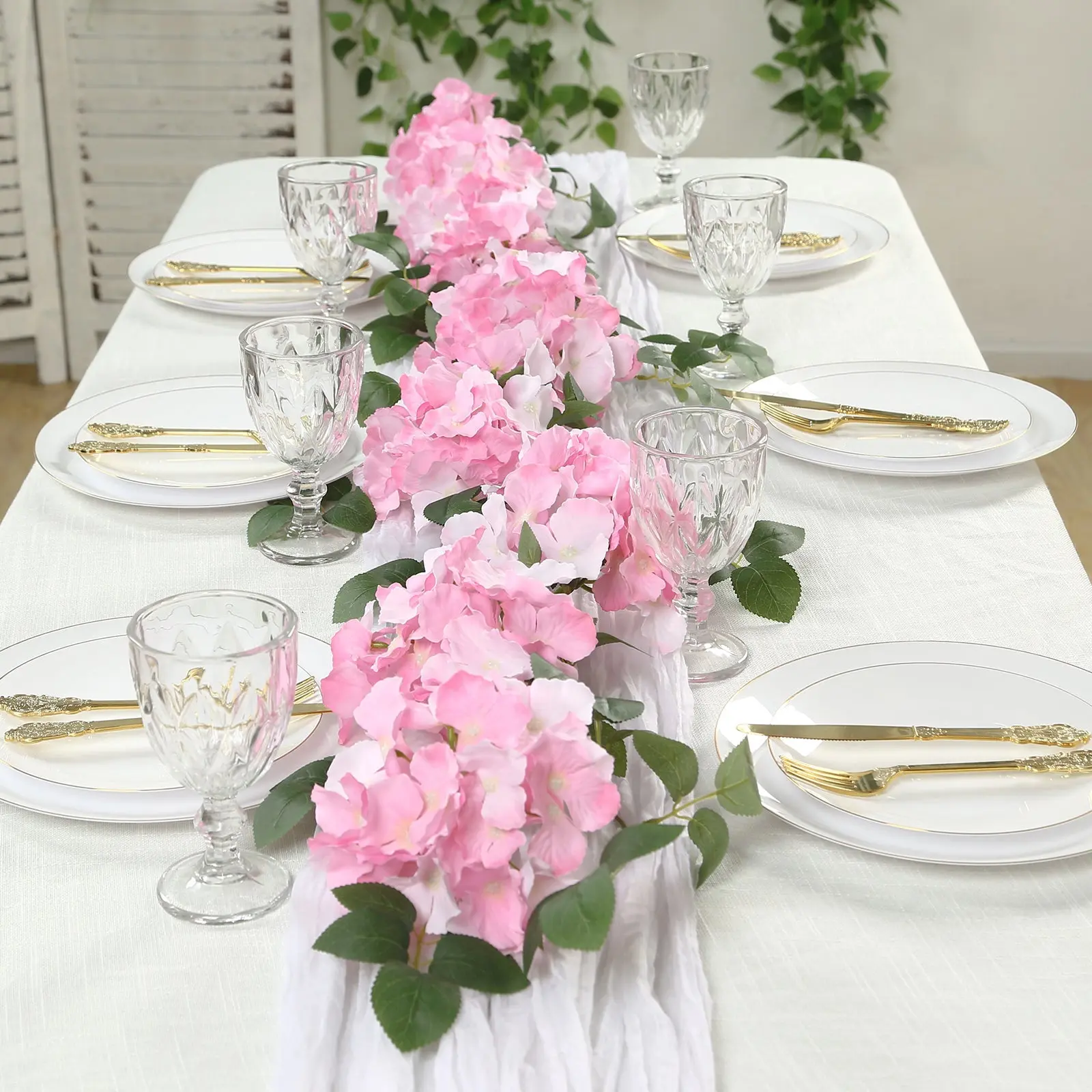 2-Pack Fake Flower Vine Decor, 5.5ft Pink Silk Hydrangea Garland with Greenery for Garden, Room Decor