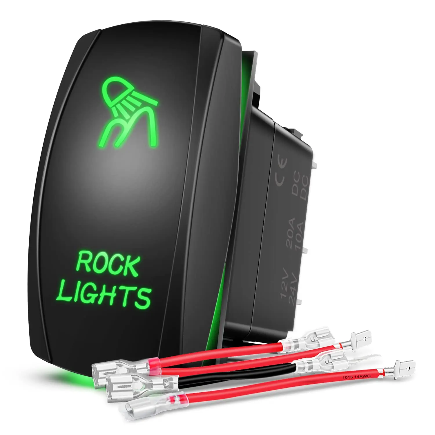 Nilight Rock Lights Rocker Switch Led Light Bar Switch 5Pin Laser On Off SPST switches 20A/12V 10A/24V Switch Green with Jumper Wires Set for Cars Trucks RVs
