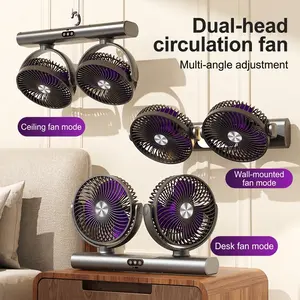 Portable Desktop Double-headed Three-leaf Air Circulation Fan, USB Charging Desktop Soft Sound Fan, Household Wall-mounted Fan, 3-gear Adjustment Of Strong Wind, Multi-angle Air Supply, Atmosphere Night Light, Suitable For Camping, Home And Office. outdoo