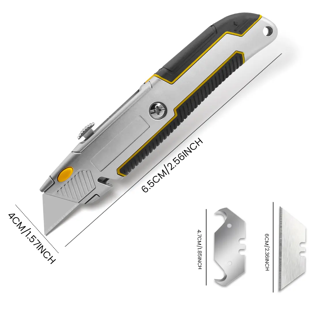 Multi-function utility knife, retractable carton cutter for cartons, cardboard, and boxes, blade storage design, including additional 4 blades (5 blades total),