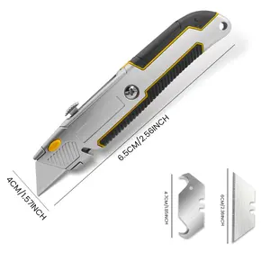 Multi-function utility knife, retractable carton cutter for cartons, cardboard, and boxes, blade storage design, including additional 4 blades (5 blades total)