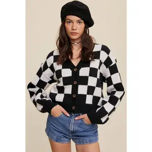 Listicle Bold Gingham Sweater Weaved Crop Cardigan