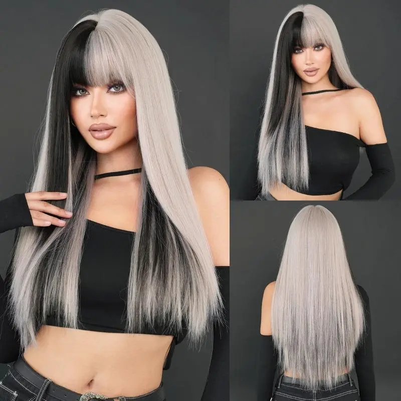 A women’s wig in black and silver, of medium length with a straight cut, thick fabric, and a full bang; it is designed to be used as an accessory for role-playing, Halloween, everyday wear, holiday parties, stage performances, and fashion events.