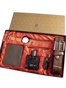 Men's Premium Six-Piece Set Watch Perfume Belt Wallet Keychain Pen Deluxe Gift Box, All Seasons, Checked Pattern, No Choking Hazard