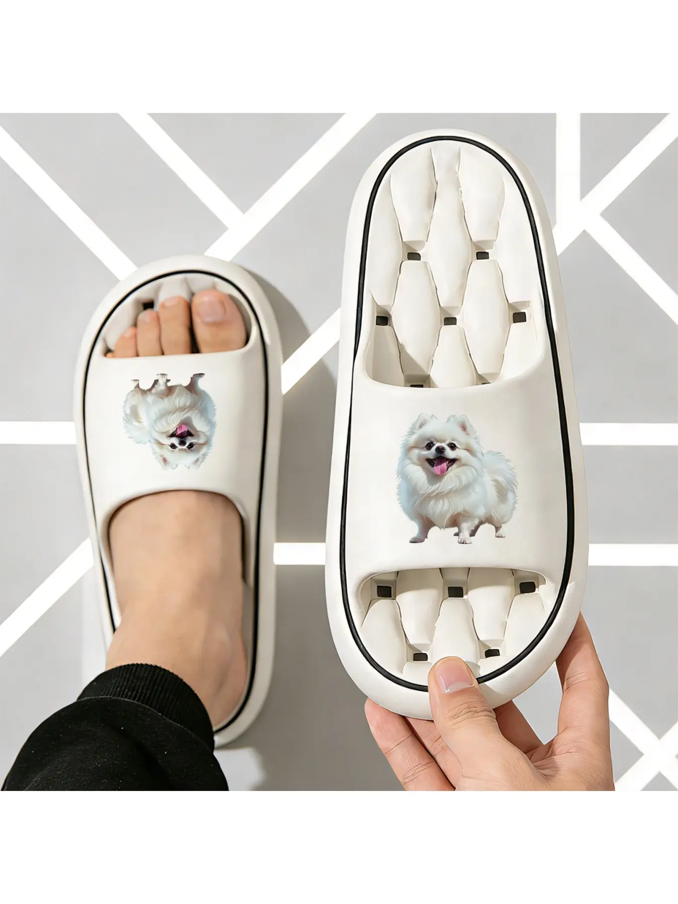 Cute White Pomeranian Dog Print Slippers Women Men Soft Comfortable Home Indoor Non-slip Warm Plush Fleece Winter House Slippers Pet Lover Gift