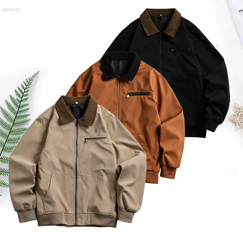 Men's Vintage Contrast Corduroy Collar Long Sleeve Full-Zip Work Bomber Jacket - Menswear, Plain, Fashionable, Stylish, Soft Comfortable, Windproof, Chest Pocket, Casual Streetwear Coat