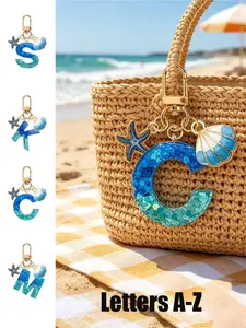 A-Z letter keychain with starfish and shell pendant, cute resin charm keychain, ocean windmill hanging decoration, high hardness that does not deform or break, fashion decoration for backpack, wallet, car keys, and bag keychain