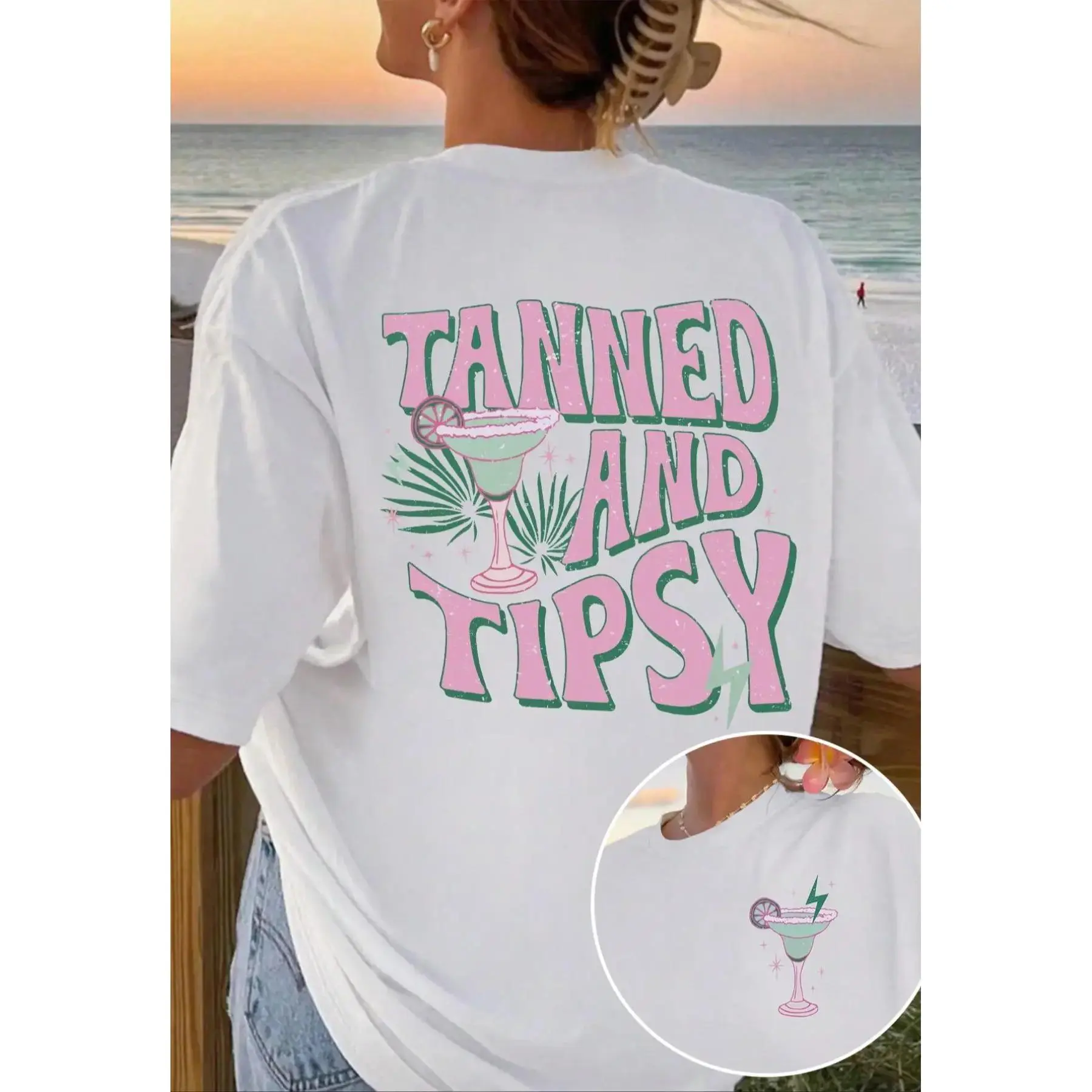 Unisex‑Friendly Women's 100% Cotton Drop‑Shoulder Round Neck Short‑Sleeve T‑Shirt‑Cocktail & Letter Front Graphic Print, Comfy Casual Summer Daily OOTD Top