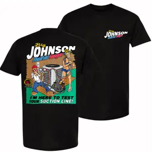 Big Johnson Manifold Gauges Graphic T-Shirt – Vintage Funny Mechanic Tee, HVAC Technician Humor Shirt, Retro Work Cartoon Tee, Back Print Graphic Shirt, Blue Collar Gift for Men & Women