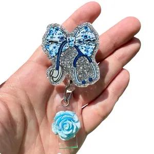 Blue Bow & Stethoscope Retractable Badge Holder with 360-Degree Swivel Clear Alligator Clip for Professionals 34" Nylon Cord Computers & Office Equipment