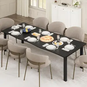 Black Dining Table for 6-8 People, Rustic Wave Irregular Edge Table with Thick MDF Top & Metal Frame, Waterproof Scratch-Resistant, Versatile for Dining/Work/Study
