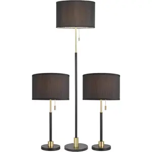 3 Pack Table and Floor Lamp Set with Black Linen Lampshade, Black & Gold Splicing Finish, Modern Farmhouse Lamps for Living Room Bedroom Nightstands