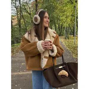 Women’s Double-Sided Jacket Camel Wool & Cream Faux Fur, Stand Collar with Pockets, Vintage Winter Layered Fashion Coat