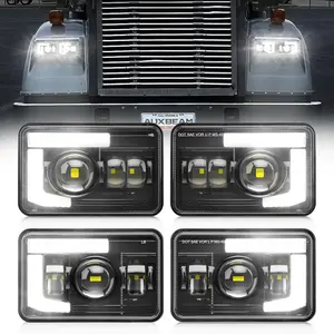Auxbeam 4x6 LED Headlights with DRL Hi/Lo Beam Separately DOT Approved Rectangular Headlamps Replacement H4651 H4652 H4656 H4666 H6545 for Peterbil Kenworth Freightliner Ford Trucks, 4PCS Black