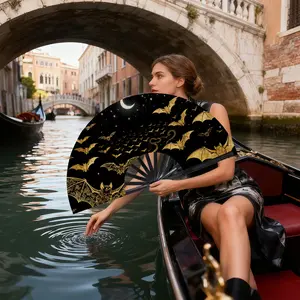 35cm Fantasy Theme Handheld Fan, Polyester Fiber Material, Night Sky Moon Stars Gold Bat Snake Pattern, Halloween Party Decorations