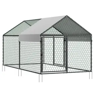 Metal Chicken Coop for 4-6 Chickens, 3.3 x 6.6 x 3.3 ft, Small Chicken Cage with Waterproof Cover & Double Doors, Spire Roof Poultry Run Compatible with Wooden Coops, for Rabbit Hen Goose Duck On-Site