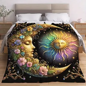 Boho Sun & Moon Pattern Throw Blanket, Multi-purpose Soft Flannel Blanket, Lightweight Throw Blanket for Sofa, Bed, Travel, Office