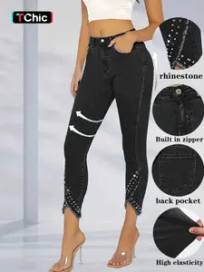 Women's Casual Denim Capri Pants with Rhinestone Hem, Tight Fit Skinny Long Jeans, Stylish Ladies' Fashion Bottoms, Trouser