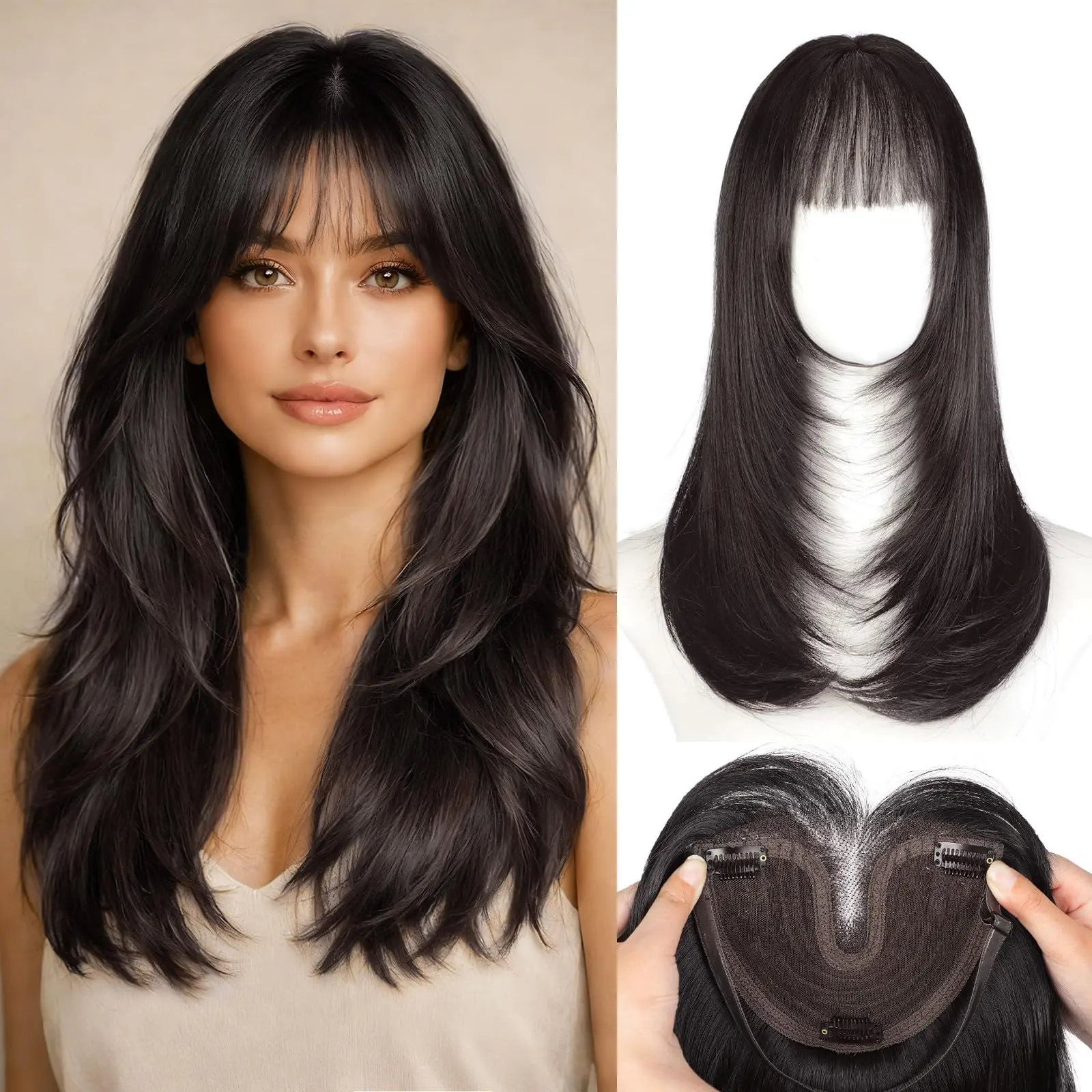 AISI HAIR Hair Toppers for Women with Thinning Hair, 20 Inch Long Layered Straight Synthetic Hair Hairpiece with Bangs, Upgraded 3D Lightweight Seamless Large Base, Adjustable Band for Secure All-Day Wear