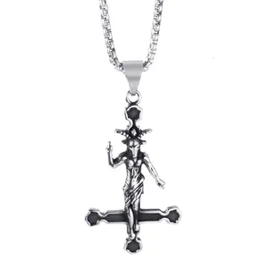 Satanic Necklace, Upside Down Cross Necklaces, Stainless Steel Satan Church Devil Demon Satan Goat Sigil of Baphomet Jewelry for Men Women