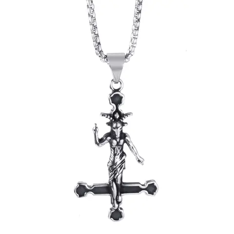 Unisex Long Stainless Steel Gothic Statement Cross Necklace - 32mm Black Occult Fashion Jewelry for Women, Necklaces for Women, Healthy Material, Upside Down Cross, Baphomet Sigil, Devil Demon Goat Goth Alt Accessory Chain