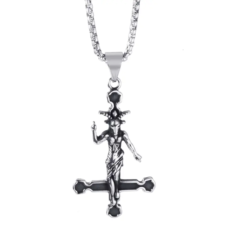 Unisex Long Stainless Steel Gothic Statement Cross Necklace - 32mm Black Occult Fashion Jewelry for Women, Necklaces for Women, Healthy Material, Upside Down Cross, Baphomet Sigil, Devil Demon Goat Goth Alt Accessory Chain