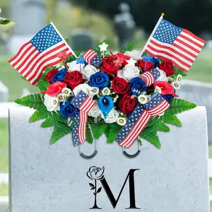 Memorial Day Decorations for Cemetery: Patriotic Red White Blue Headstone Flower Saddle - Outdoor Artificial Velet Roses Cemetery Flowers for Grave with Flags for 250th Birthday of America