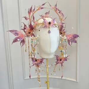 Pink-Purple Ombre Butterfly Headpiece - Fairycore Floral Tiara, Vintage Tassel Hair Accessory Set with Clips, Tassels