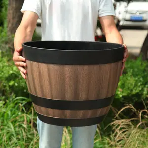 Plant Pot Faux Whiskey Barrel Shape Home Decor Plastic Indoor Outdoor Yard Patio Flowerpot for Garden