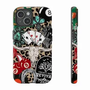 Western leopard-print cherry skull horseshoe pattern phone case, compatible with iPhone 17 Pro Max, 16, 15, 14, 13, 12 and Samsung 25 Ultra Plus, 24, 23, 22.  Features a dual-layer shockproof design with a TPU inner lining. A perfect gift for girls.