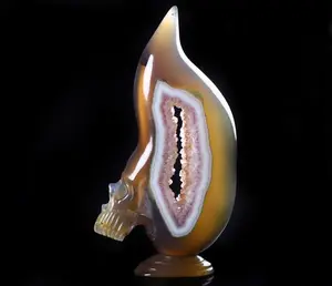 Original Design 8.1" Agate Amethyst Geode Carved Crystal Skull Bookend, Realistic, Crystal Healing