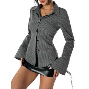 LYD Women's Striped Print Button Front Split Sleeve Shirt Casual Elegant Curved Hem Long Sleeve Collared Top for Spring & Fall Ladies Clothes for Daily Wear Blouse Casual Fitted Top Longsleeves Womenswear -LYD polka dot family holiday music festival Grey