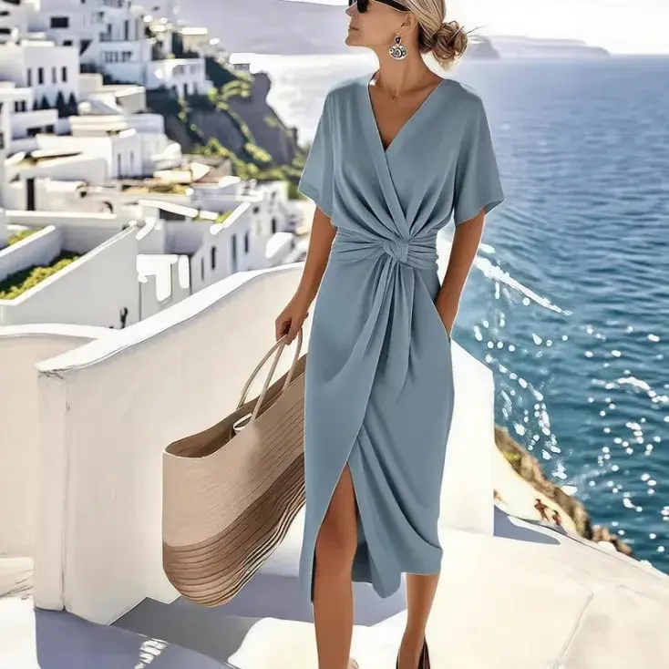 Women's High-Quality Breathable Fabric Blend V-Neck Wrap Dress - Elegant Solid Style, Knot Waist, Mid-Thigh Slit, Lightweight Comfortable Midi Casual Party Wear, Elegance, Going Out, Hand Wash, Clothes, Plain, Side Slit, True To Size, V Neckline, Hang Dry