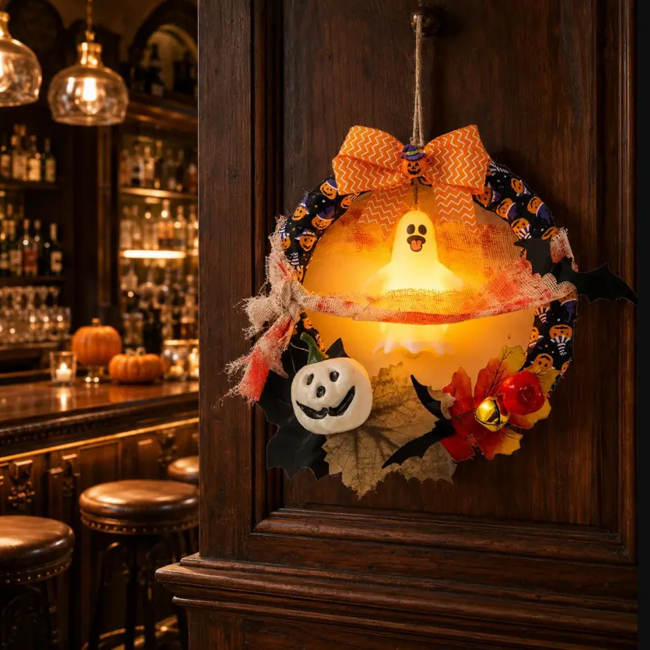 Halloween Lighted Wreath, Spooky Cute Ghost Door Hanger with Glowing Jack-o'-Lantern, Fabric Bow & Bats, Battery Operated Illuminated Wreath for Front Door Porch Wall Indoor Outdoor Party Decorations Handmade Fall Halloween Door Wreath