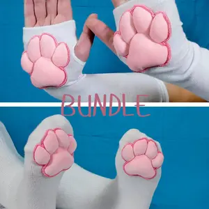BUNDLE: Pink Plush Paw Pads on White Fingerless Gloves and Socks