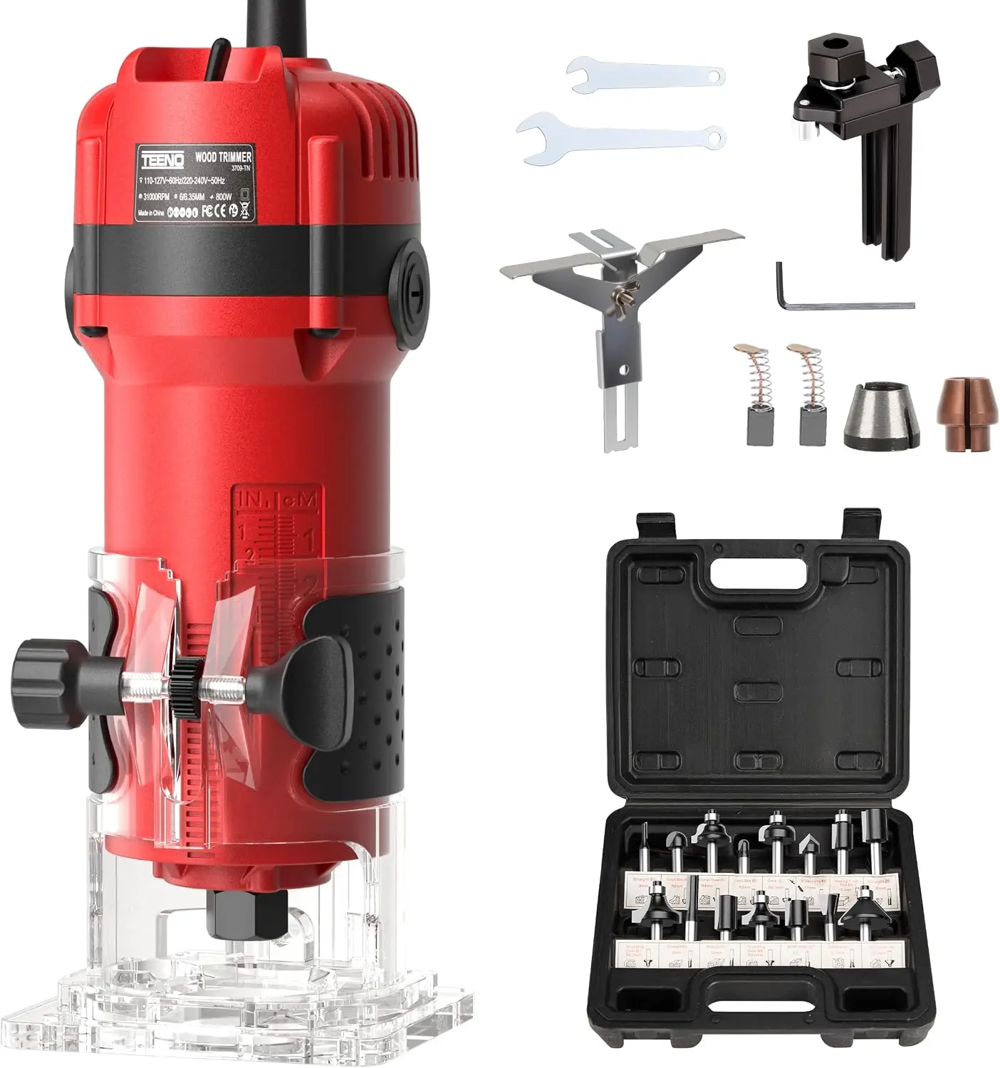 Wood, 6.5Amp 1.25HP Wood Routers for Woodworking, 800W Hand Wood Tool, 31000R/MIN Compact Edge Trimmer with 15 1/4" Bit Set