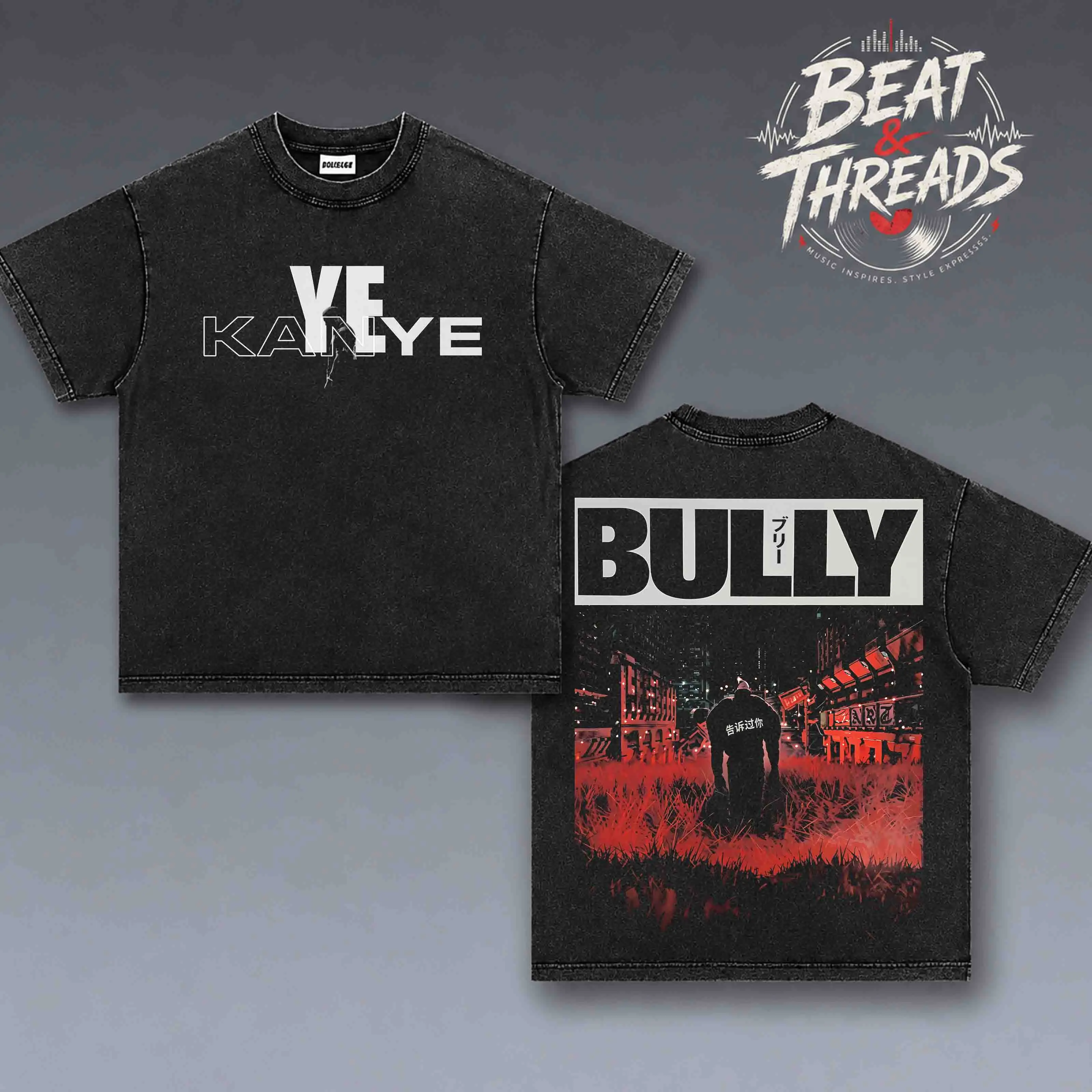 [ Beat & Threads ] YE Bully Album Ver Tracklist Graphic Premium Acid Washed Cotton T-Shirt, Vintage Hip-Hop Streetwear Tee, Washed Black Oversized Heavyweight Shirt for Rap Music Fans, Concert Outfit, Unisex Graphic Tee, Soft Breathable Cotton BLACK