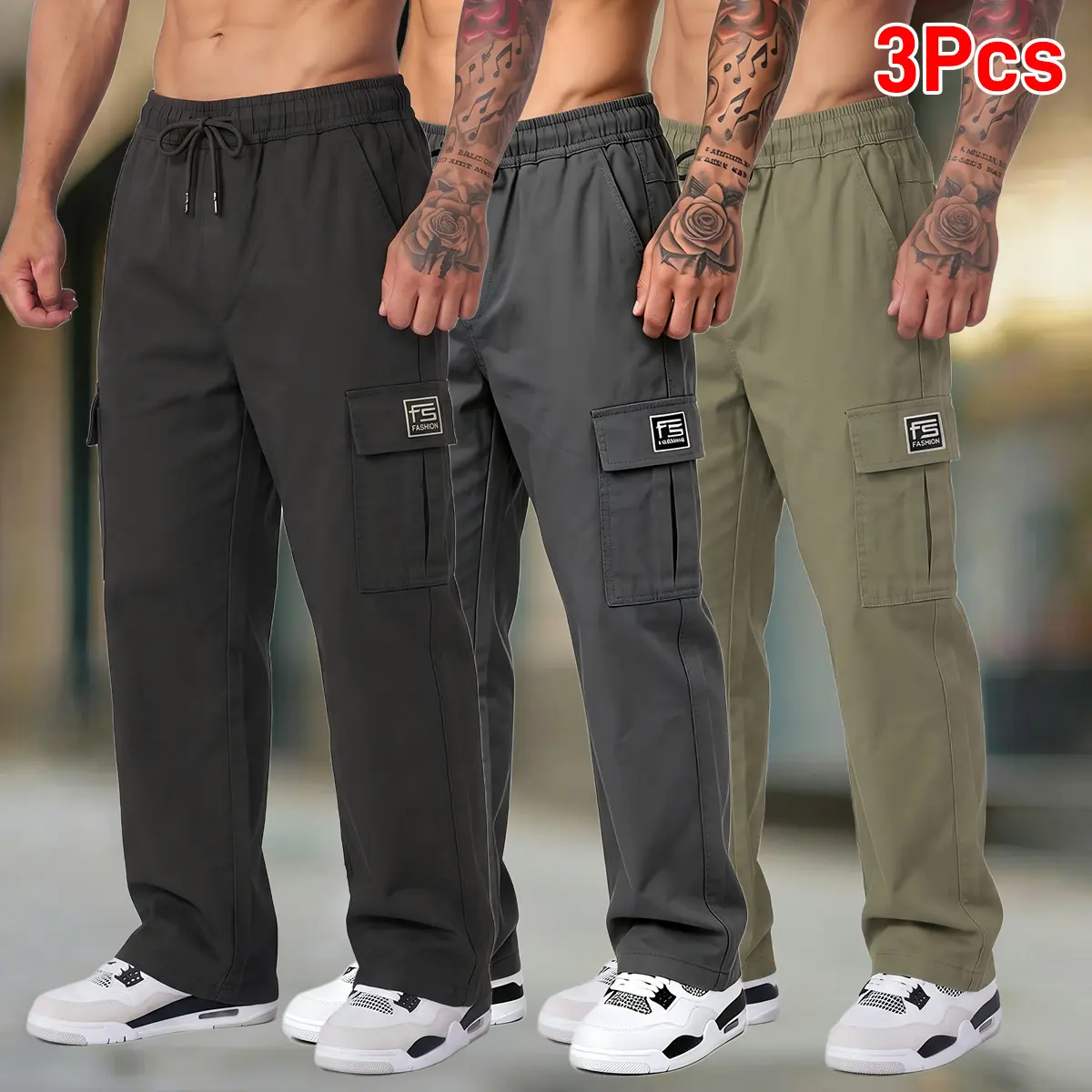 Athletic Cargo Pants for Men, 3-Pack Loose Baggy Sportswear with Drawstring Waist and Pockets, Casual Outdoor Menswear, Street Style Joggers, Relaxed Joggers