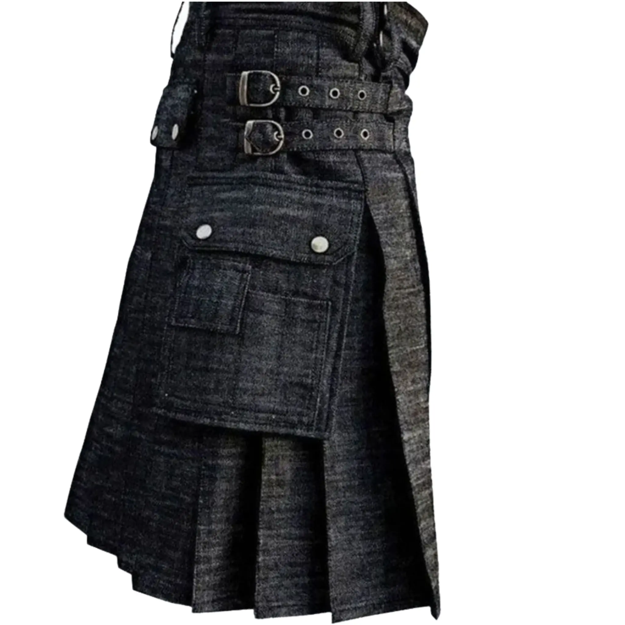 Black Modern Utility Kilt Heavy-Duty Denim with Cargo Pockets All Seasons Wear