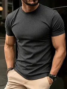 Men's Fashion Striped Round Neck Short Sleeve T-Shirt, Casual Wear, Running Fitness Outdoor Sports, All Seasons, Fitted Style
