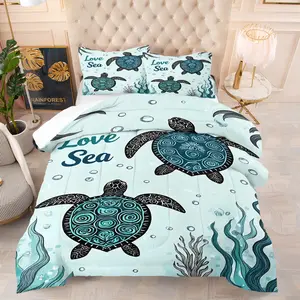 Turtle and Seaweed Pattern Quilt, Comfortable Soft Printed Bedding, Suitable for Children or Adults, Bedroom Decor, Includes 1 Quilt and Pillowcases