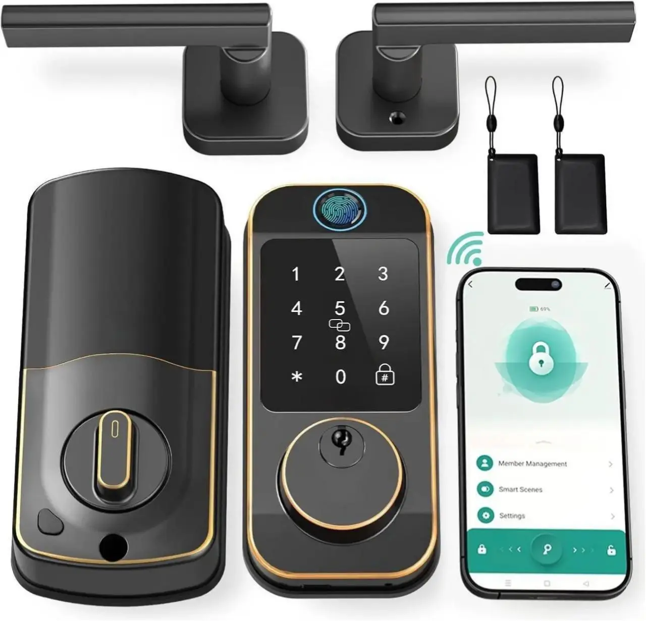 WiFi Door Lock Handle Set Fingerprint Smart Locks for Front Door, Keypad Deadbolt Bluetooth Digital Lock Set Work with Alexa, App Remote Control, Auto Lock for Home