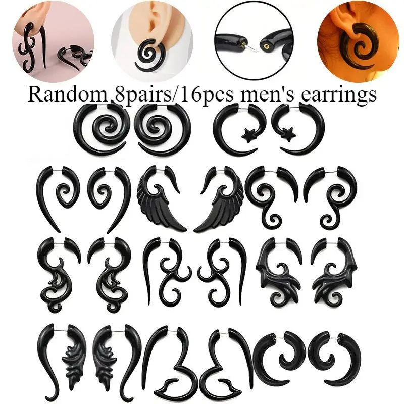 8 Pairs Men's Black Acrylic Earrings Set, Gothic Punk Spiral Statement Earrings, Y2K Hip Hop Alternative Jewelry for Parties, Festivals & Daily Wear
