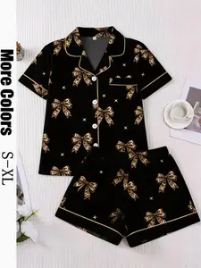 Women's Leopard Bowknot & Star Sleepwear Set, Short Sleeve Button Front Shirt, Pocketed Elastic Waist Shorts, Soft Casual