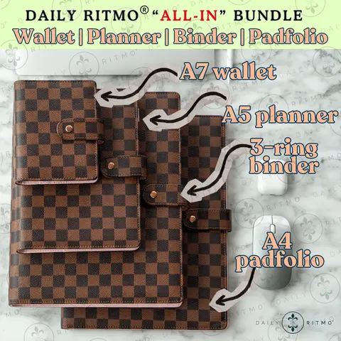 DAILY RITMO Brown Checkered ALL-IN Bundle - A7 Mini Wallet, A5 Planner, 3-Ring Binder, A4 Padfolio (A7-A4 Set) for Work, School, Adulting Gifts, Organization, Work Accessories, College Supplies, School Supplies